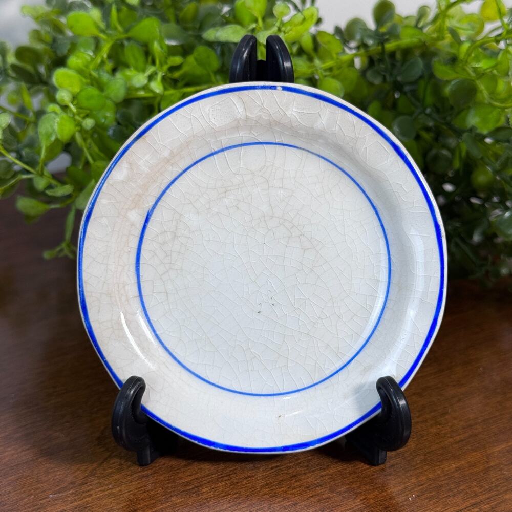Vintage Butter Pat White Blue 3.25" Stained and Crazed Toasty Crazing
